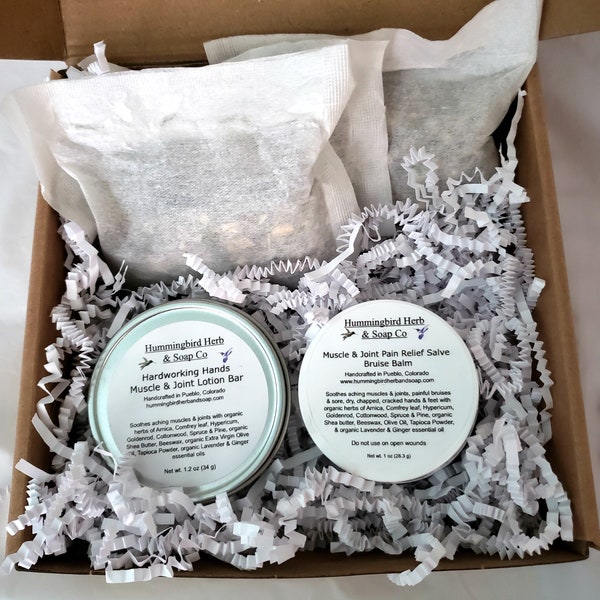 Sore Muscle and Joint Relief Set - Natural Organic Herbal Self Care Gift Box Under 30 - Herbal Bath Soak, Pain Salve and Lotion Bar Set