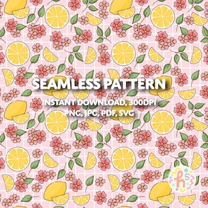 Pink Lemon Floral Seamless Pattern PNG | Lemon Flower Surface Design | 300 DPI Digital Download for Sublimation, Fabric, POD