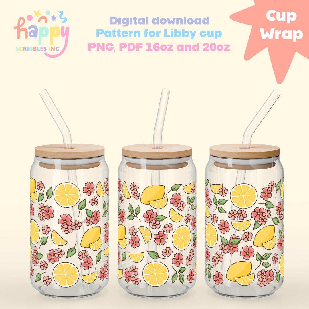 Lemon Floral Libbey Cup Wrap PNG PDF | Transparent Citrus Glass Wrap ...