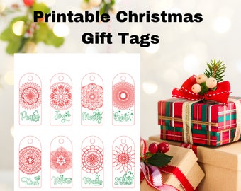 Printable Christmas Gift Tags with Mandala Design Instant Download Printable w Mandala Coloring Christmas Labels Gift Tags Merry Christmas