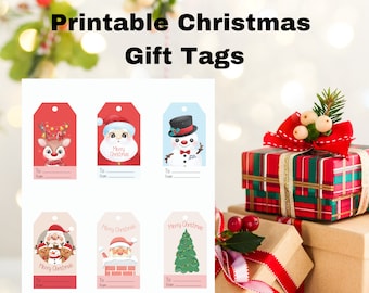 Printable Christmas Gift Tags Instant Download Printable with Reindeer Santa and Snowman Face Christmas Labels Gift Tags Merry Christmas