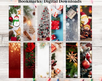 May include: A collection of 12 Christmas bookmarks featuring digital designs of holiday scenes including decorated trees, wrapped gifts, gingerbread cookies, pine branches, ornaments, and festive lights with the text A Collection of 12 Christmas Bookmarks- Digital Downloads.