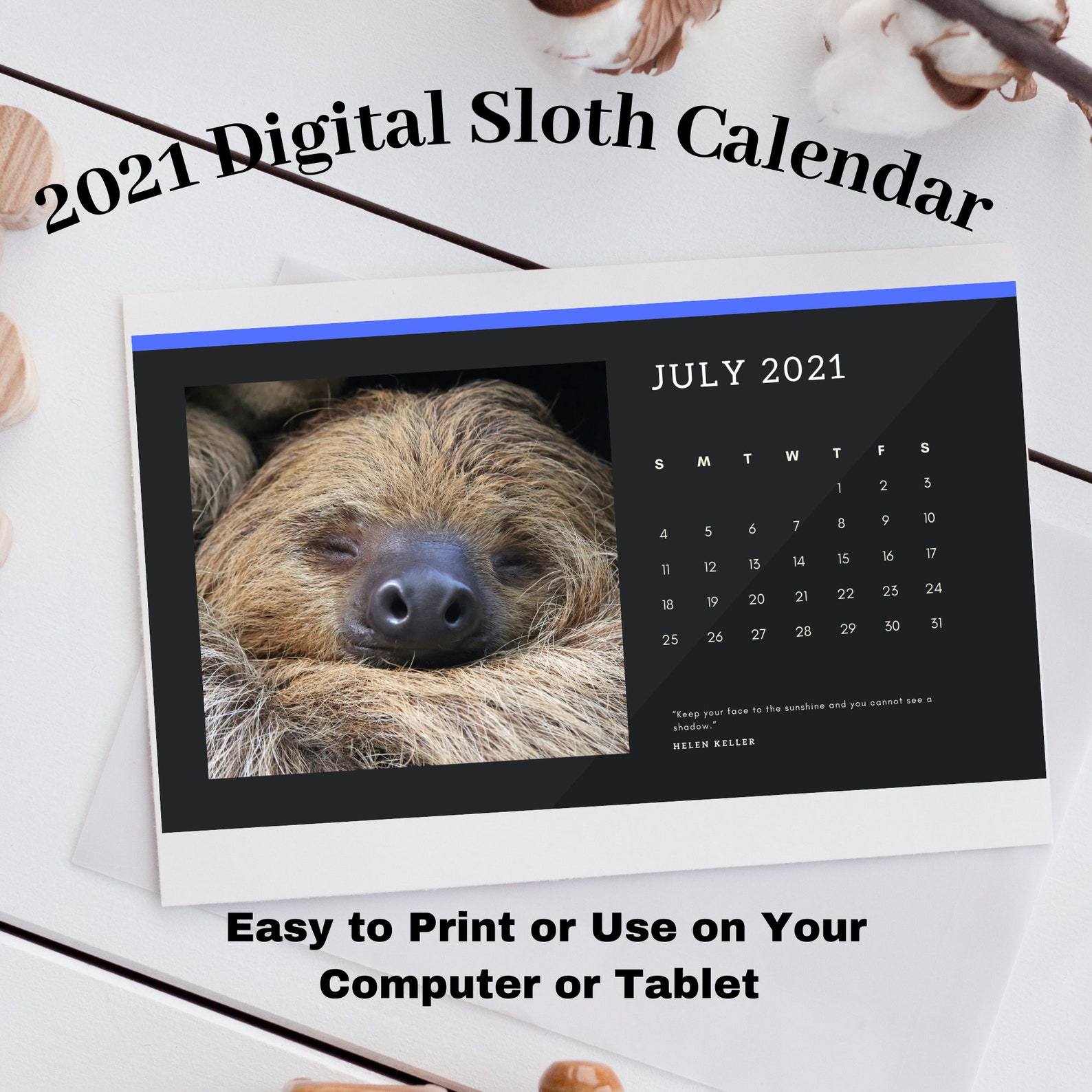 2021 Digital Sloth Calendar Printable Sloth Calendar Etsy