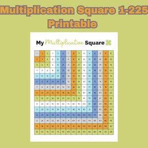May include: A printable multiplication square chart, labeled "My Multiplication Square," with numbers 1-225 arranged in a grid. The chart has a colorful design with orange, blue, green, and yellow hues. The title "Multiplication Square 1-225 Printable" is at the top.