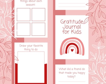 Pode incluir: Um diário de gratidão imprimível rosa e vermelho para crianças com um design de arco-íris e coração. O diário inclui prompts como "Desenhe sua coisa favorita para fazer" e "O que um amigo fez que te fez feliz hoje?"