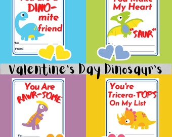 Printable Dinosaur Valentine's for kids, Kids Dinosaur Valentine's, Digital Download, 6 Printable Valentines