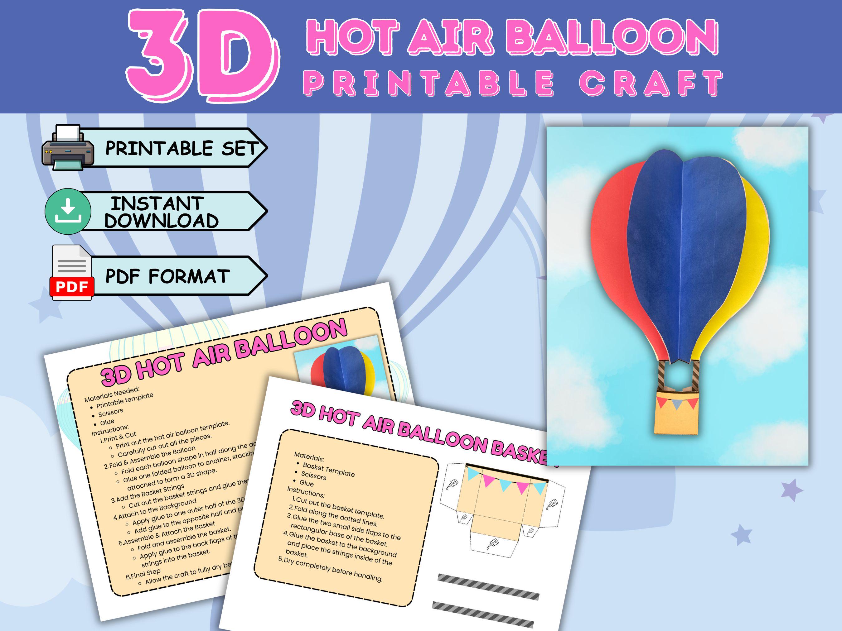 3D Hot Air Balloon Craft Printable, Kids Paper Craft Template, DIY…