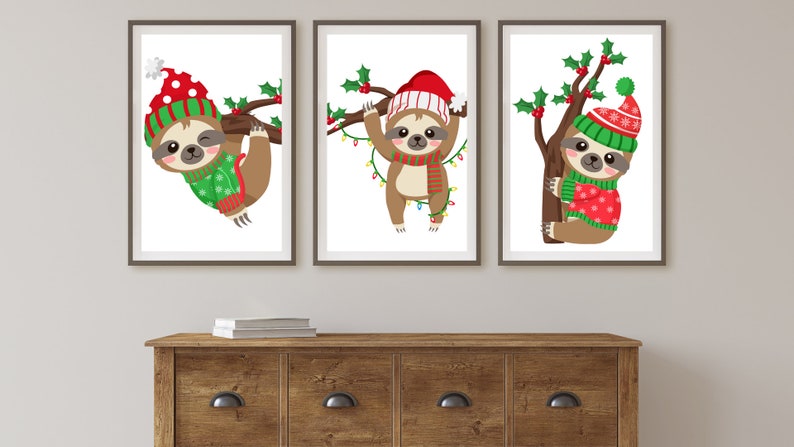 Set of 3 Printable Christmas Sloth Wall Art, Cute Christmas Decor