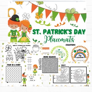 Op de afbeelding: St. Patrick's Day placemats met diverse activiteiten. Het ontwerp bevat cartoon kabouters, klavers en een regenboog. De placemats bevatten een woordzoeker, doolhoven en een spel van vier op een rij, allemaal in vakantiestijl.