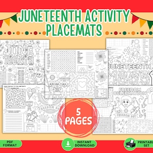 Pode incluir: Um conjunto de cinco jogos americanos de atividades do Juneteenth. Cada jogo americano apresenta arte em preto e branco com labirintos, caça-palavras e páginas para colorir. O texto inclui "Juneteenth", "1865" e "Freedom Celebration".