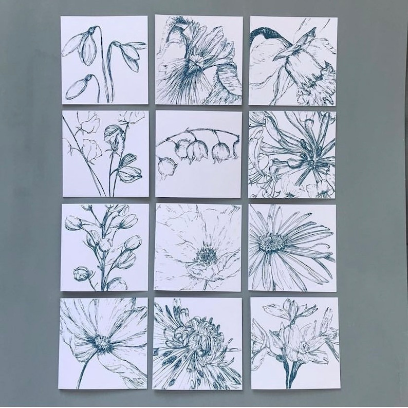May include: Twelve black and white line drawings of different flowers, each on a separate white card. The cards are arranged in a grid of four rows and three columns.