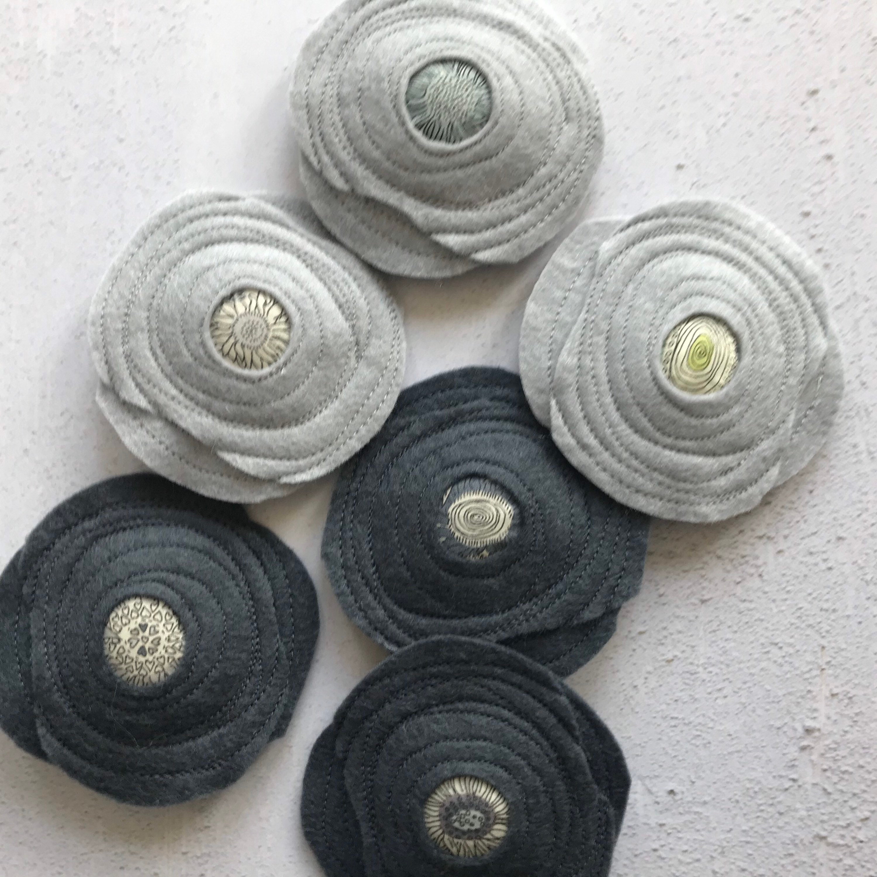 Wool Felt and Liberty Fabric Flower Brooch Pin - Elephant Grey