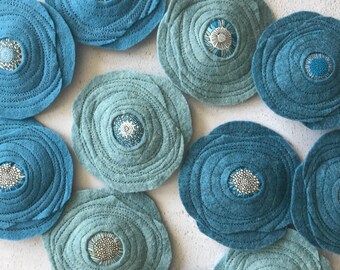 Wool Felt and Liberty Fabric Flower Brooch Pin - Swedish Blue