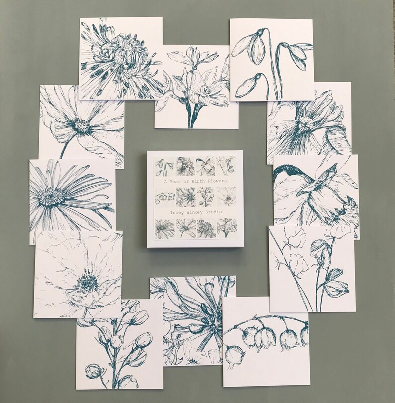 May include: A set of 12 cards featuring a different birth flower for each month of the year. The cards are white with blue ink illustrations of the flowers. The cards are arranged in a circle around a small box that says "A Year of Birth Flowers" and "Incey Wincey Studio".