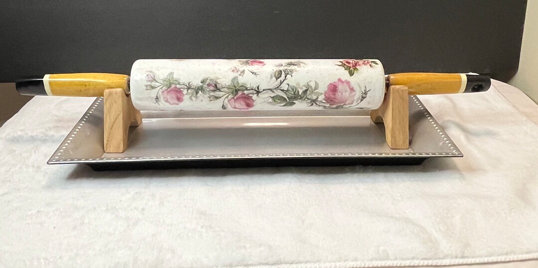 Vintage Decoupaged & Varnished Rolling Pin Repurposed Rolling Pin With