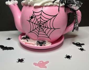 Halloween Glam Decorative Tea Pot | Pink Halloween Decor | Tiered Tray Decoration | Teapot Fake Food Display