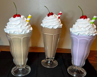 Faux Milkshake with Whipped Topping & Cherry on Top | Chocolate | Strawberry | Tiered Tray Decor | Fake Bake | Photography Prop