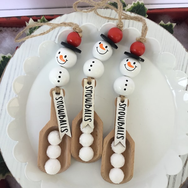 Snowman Tiered Tray Decor | Small Wooden Scoop | Snowball Decoration