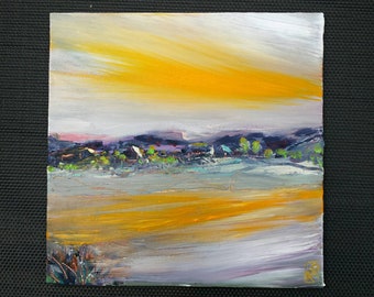 May include: Abstract landscape painting with a yellow and orange sky, a purple and gray foreground, and a line of trees in the distance.