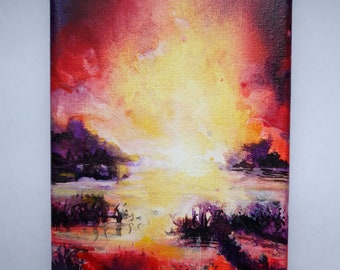 May include: An abstract landscape painting on canvas. The artwork features a vibrant sunset with a bright yellow center, surrounded by red, orange, and purple hues. The bottom of the painting depicts a dark purple and red foreground.