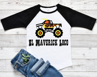 Personalized "El Loco" Monster Truck Shirt + Toddler Youth Baseball Tee + Popular + Monster Truck Lover + Bull + Horn + Flames + Gift Ideas