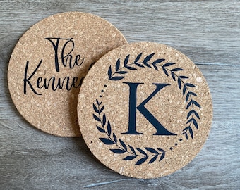 Personalized Cork Trivet + Initial & Last Name + Kitchen Decor + Monogram + Leaves + Country Decor + Housewarming + Bridal Shower Gift Ideas