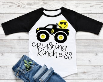Crushing Kindness Monster Truck Shirt + Black Toddler Youth Raglan Tee + Gift Ideas + Smiley Faces + Peace Sign + Positivity + Truck Lover