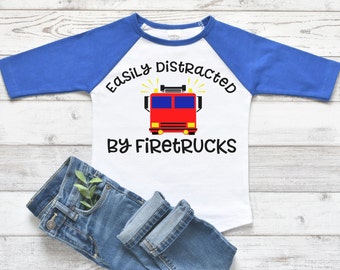 Easily Distracted by Firetrucks + Toddler Boy Raglan Tee + Firetruck Lover + Gift Ideas + Fun Toddler T-Shirt + Trucks + Boys + Red and Blue
