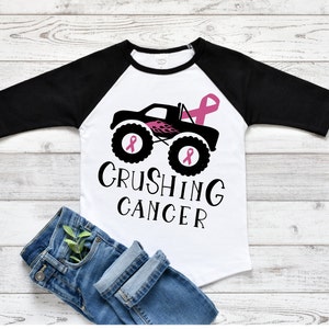 Crushing Cancer Monster Truck Shirt + Black Toddler Boy Raglan Tee + Gift Ideas + Breast Cancer Awareness + Pink Ribbons +  Truck Lover