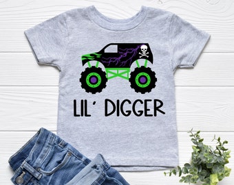 Lil' Digger Monster Truck + Toddler Boy Shirt + Skull + Graveyard + Popular Monster Trucks + Truck Lover + Lightning + Flames + Gift Ideas