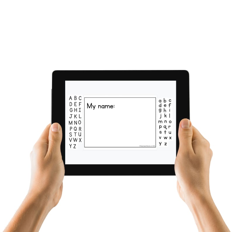 May include: A black tablet computer with a white screen displaying a printable worksheet for learning the alphabet. The worksheet has the letters of the alphabet in uppercase and lowercase, and a space for writing "My name:".