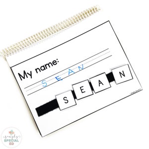 May include: A black and white printable worksheet with the words "My name:" and "SEAN" written on it. The name "SEAN" is spelled out with individual letter tiles.