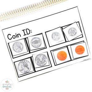 May include: A black and white printable worksheet with the title "Coin ID:" and images of different US coins, including a penny, nickel, dime, and quarter.