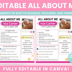 Editable All About Me for Special Needs Parents, Speech Therapists, Special Ed Teachers, Caregivers, Canva Template, Autism, Down Syndrome