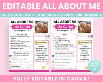 May include: A printable "All About Me" template for a 4-year-old child named Isla Carter. The template includes sections for "I struggle with", "Things that help me", "I have", "What I love", and "You may need to know". The template also includes a space for a photo of the child.