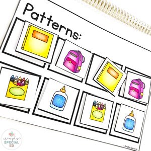 May include: A black and white printable worksheet with the title "Patterns:" and images of school supplies, including a backpack, crayons, glue, and a book. The worksheet is designed for children to practice identifying patterns.