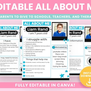 All About Me Editable Template, Special Education, Therapist and Teacher Information Sheet, Autism, Speech, Celiac, Down Syndrome