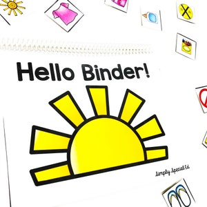 May include: A white binder with a yellow sun and the text "Hello Binder!" on the front cover. The text "simply special ed." is in the bottom right corner.