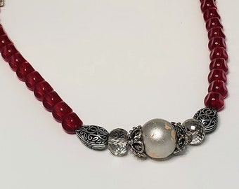 Red Glass  and Metal Bead Bauble Necklace