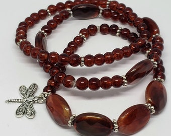 Burgundy Chocolate Dragon Fly Beaded Bracelet Stack