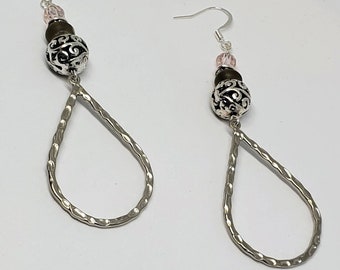 Hammered Metal Plated Gray and Pink Glass Teardrop Hoop Earrings