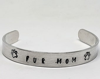 Fur Mom Paw Stamped Engraved Silver Aluminum Bracelet Cuff