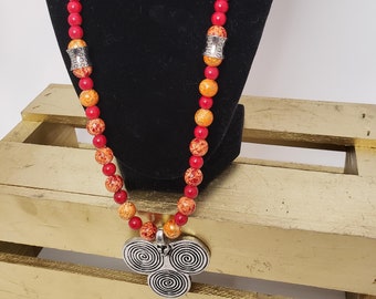 Red and Orange Tribal Circles Necklace