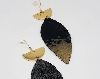 Black and Gold Feather Leather Earrings
