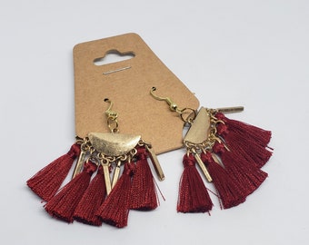 Burgundy Fringe Tassel Earrings