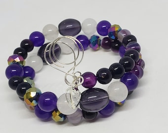 Purple Glass and White Jade Beaded Hand Wired Memory Wire Bracelet