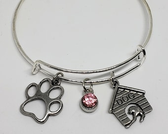 Dog Mom Fur Mom Charm Bangle Bracelet Pink Crystal