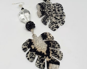 Snake Print Leaf Shaped Beaded and Acrylic Earrings