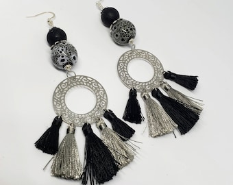 Silver and Black Tassel Boho Earrings