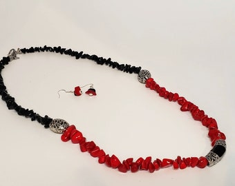 Black and Red Stone Seed Bead Earring and Necklace Set